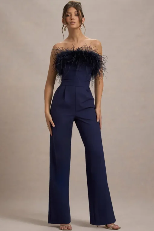 First Class | Navy Bandeau Feather Wide Leg Jumpsuit