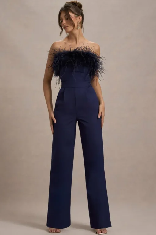 First Class | Navy Bandeau Feather Wide Leg Jumpsuit