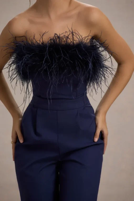 First Class | Navy Bandeau Feather Wide Leg Jumpsuit