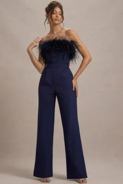 First Class | Navy Bandeau Feather Wide Leg Jumpsuit