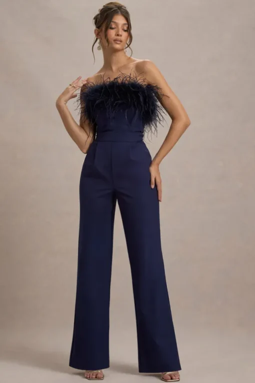 First Class | Navy Bandeau Feather Wide Leg Jumpsuit