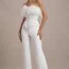 First Class | White Bandeau Feather Wide Leg Jumpsuit