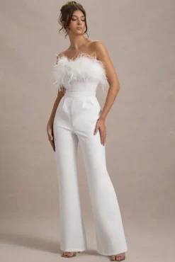 First Class | White Bandeau Feather Wide Leg Jumpsuit