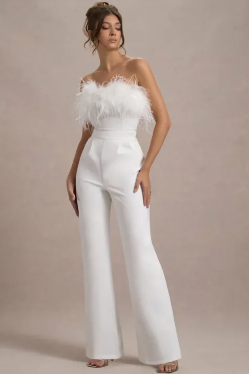 First Class | White Bandeau Feather Wide Leg Jumpsuit