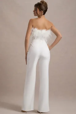 First Class | White Bandeau Feather Wide Leg Jumpsuit
