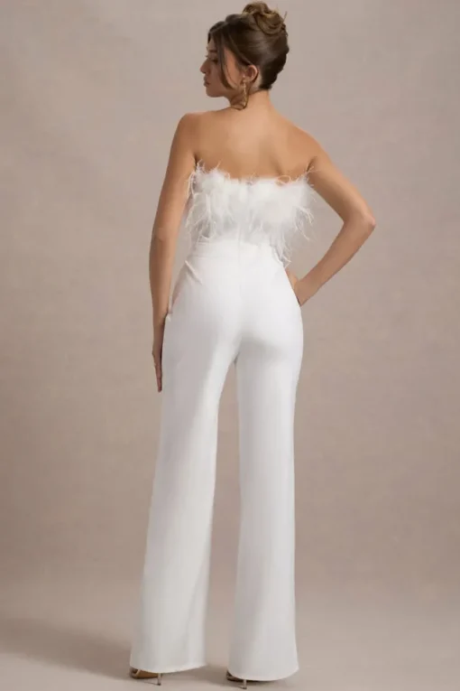 First Class | White Bandeau Feather Wide Leg Jumpsuit
