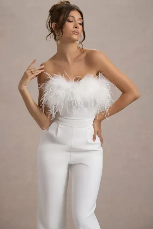 First Class | White Bandeau Feather Wide Leg Jumpsuit