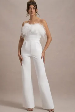First Class | White Bandeau Feather Wide Leg Jumpsuit