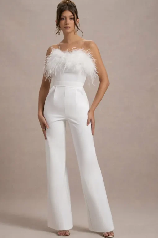 First Class | White Bandeau Feather Wide Leg Jumpsuit