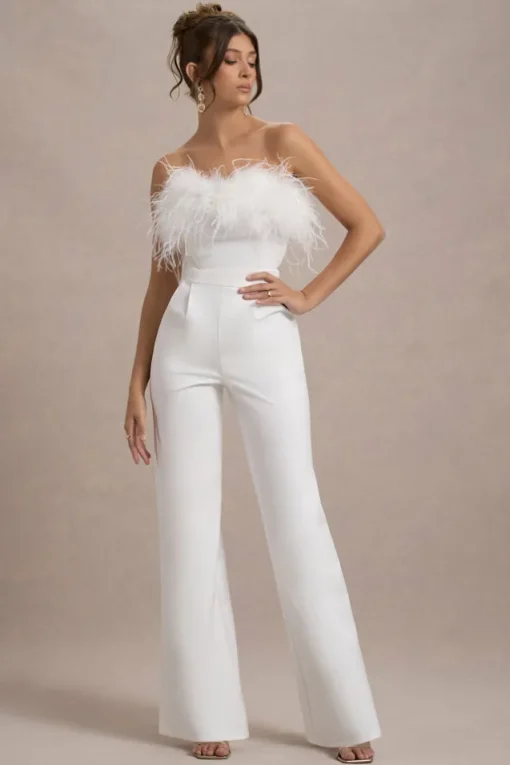 First Class | White Bandeau Feather Wide Leg Jumpsuit