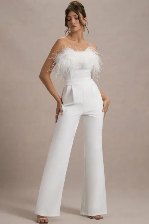 First Class | White Bandeau Feather Wide Leg Jumpsuit