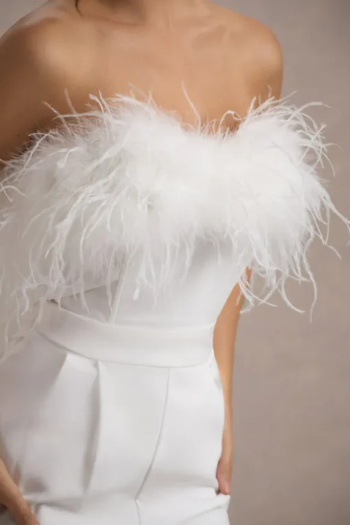 First Class | White Bandeau Feather Wide Leg Jumpsuit