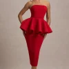 First Dance | Red Bandeau Peplum Midi Dress