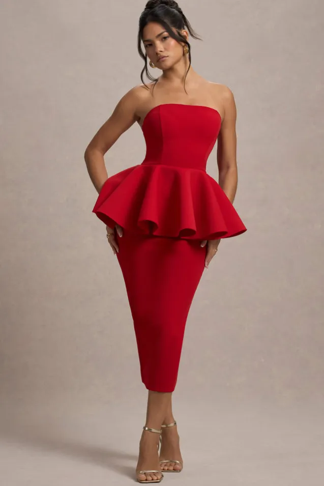 First Dance | Red Bandeau Peplum Midi Dress