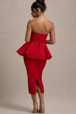 First Dance | Red Bandeau Peplum Midi Dress