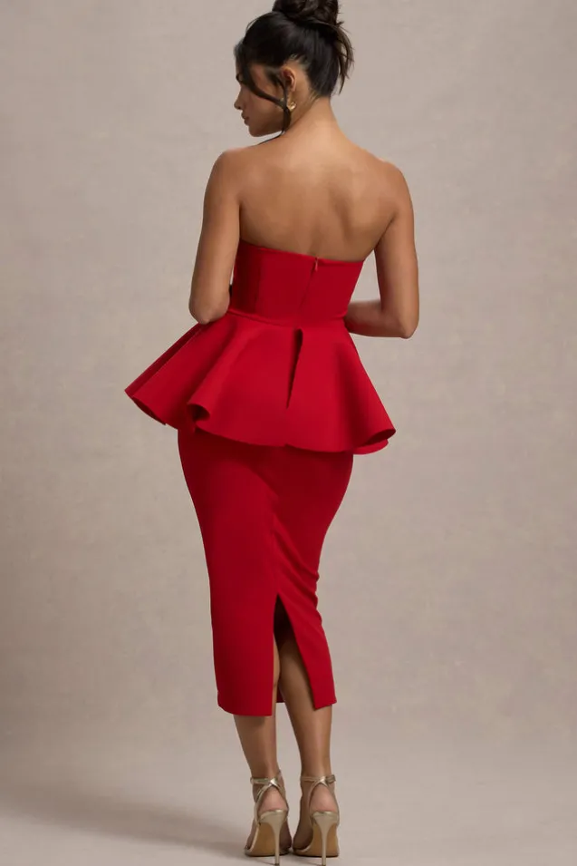 First Dance | Red Bandeau Peplum Midi Dress