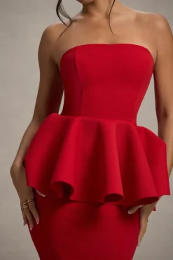 First Dance | Red Bandeau Peplum Midi Dress