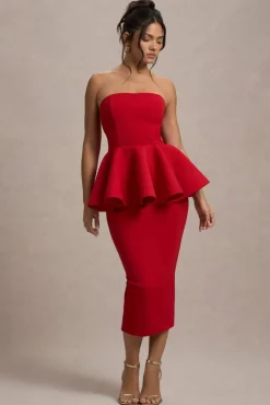 First Dance | Red Bandeau Peplum Midi Dress