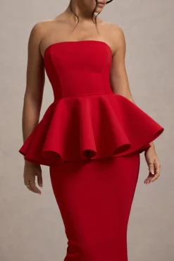 First Dance | Red Bandeau Peplum Midi Dress