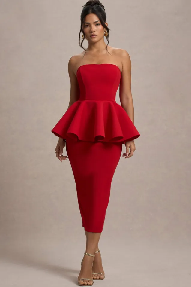 First Dance | Red Bandeau Peplum Midi Dress