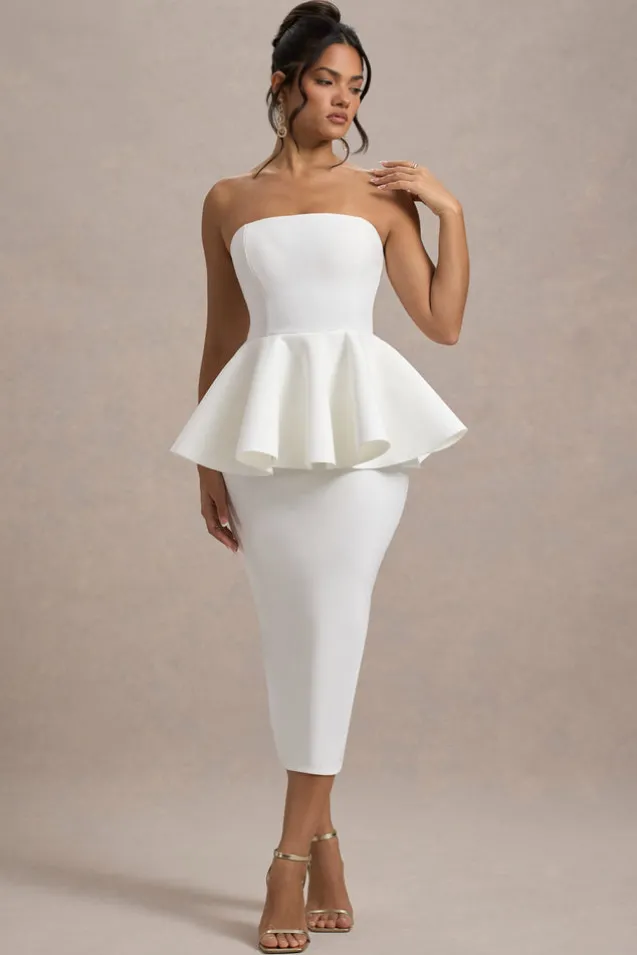 First Dance | White Bandeau Peplum Midi Dress