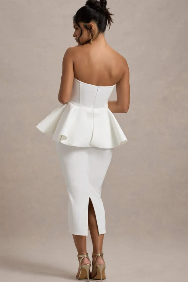 First Dance | White Bandeau Peplum Midi Dress