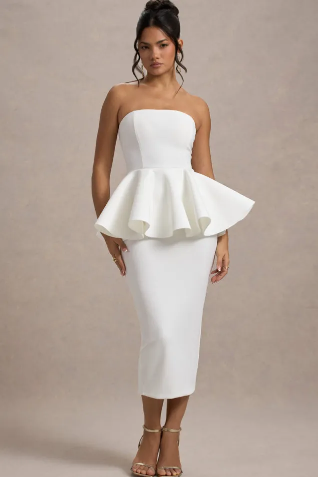 First Dance | White Bandeau Peplum Midi Dress