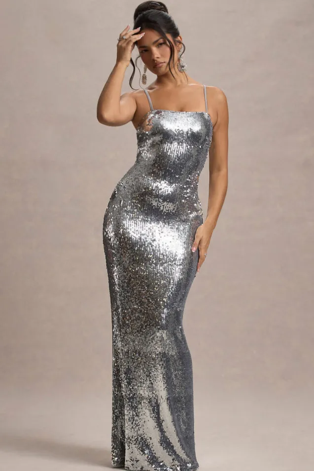 Flashback | Silver Sequin Strappy Maxi Dress