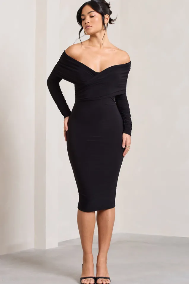 Flatter Me | Black Twist Front Bardot Midi Dress