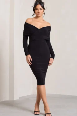 Flatter Me | Black Twist Front Bardot Midi Dress