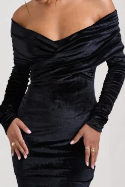 Flatter Me | Black Velvet Twist Front Bardot Midi Dress
