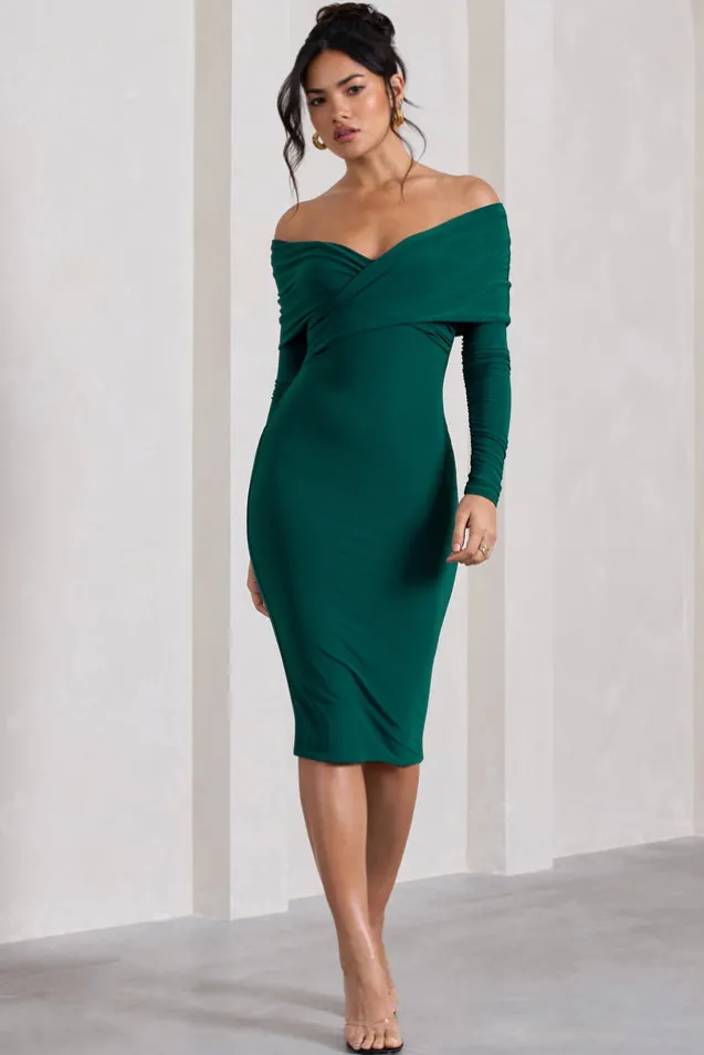 Flatter Me | Bottle Green Twist Front Bardot Midi Dress