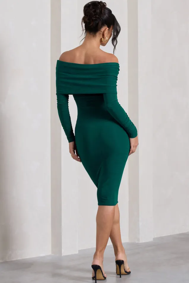 Flatter Me | Bottle Green Twist Front Bardot Midi Dress