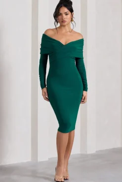 Flatter Me | Bottle Green Twist Front Bardot Midi Dress
