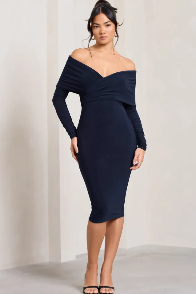 Flatter Me | Navy Twist Front Bardot Midi Dress