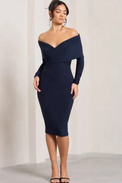 Flatter Me | Navy Twist Front Bardot Midi Dress