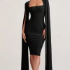 Flawless | Black Square Neck Midi Dress With Cape Sleeves