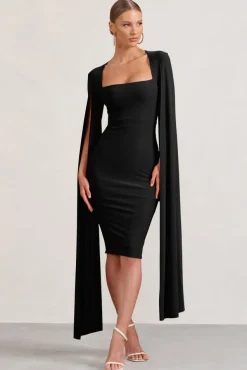 Flawless | Black Square Neck Midi Dress With Cape Sleeves