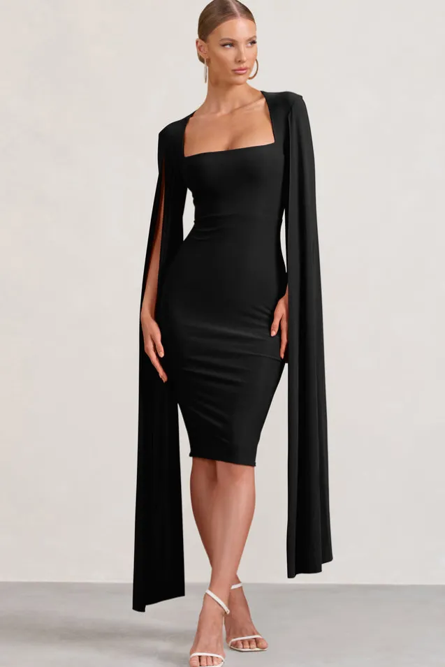 Flawless | Black Square Neck Midi Dress With Cape Sleeves