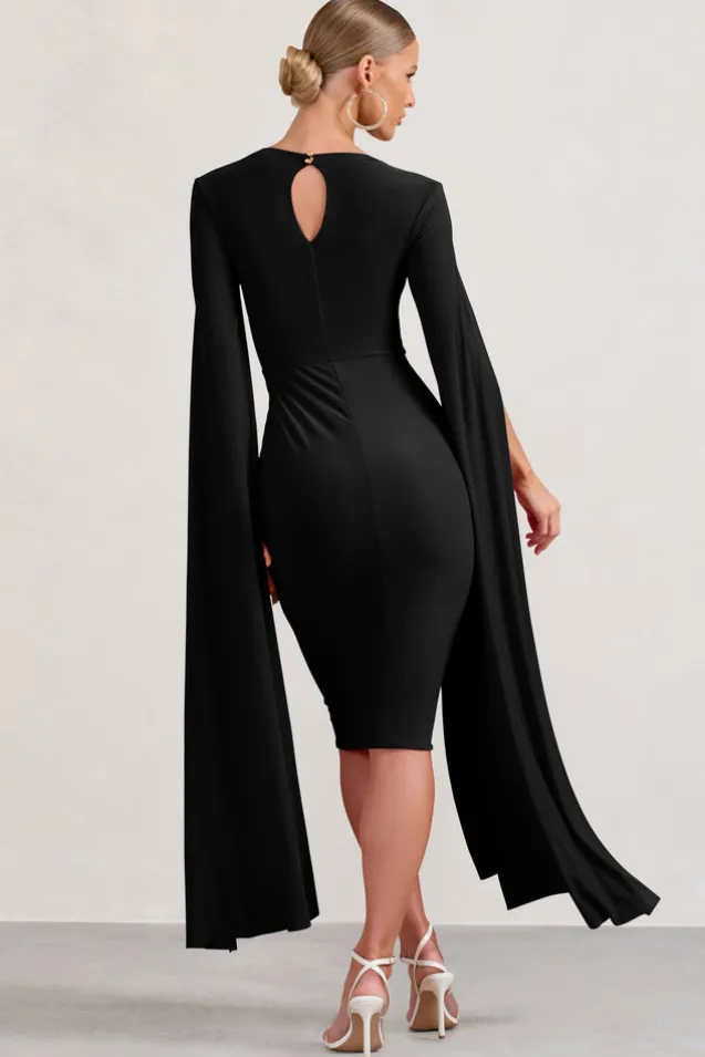 Flawless | Black Square Neck Midi Dress With Cape Sleeves