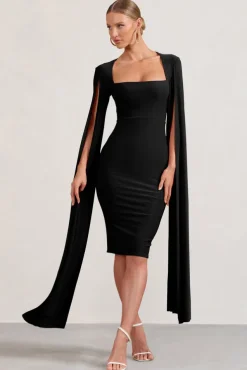 Flawless | Black Square Neck Midi Dress With Cape Sleeves