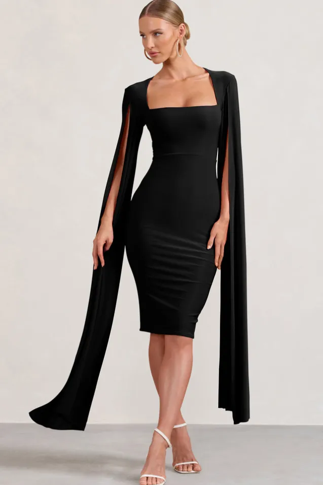 Flawless | Black Square Neck Midi Dress With Cape Sleeves