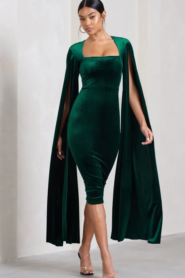 Flawless | Bottle Green Velvet Square Neck Midi Dress With Cape Sleeves