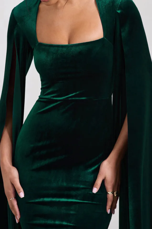 Flawless | Bottle Green Velvet Square Neck Midi Dress With Cape Sleeves