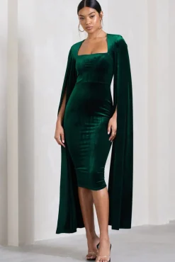 Flawless | Bottle Green Velvet Square Neck Midi Dress With Cape Sleeves