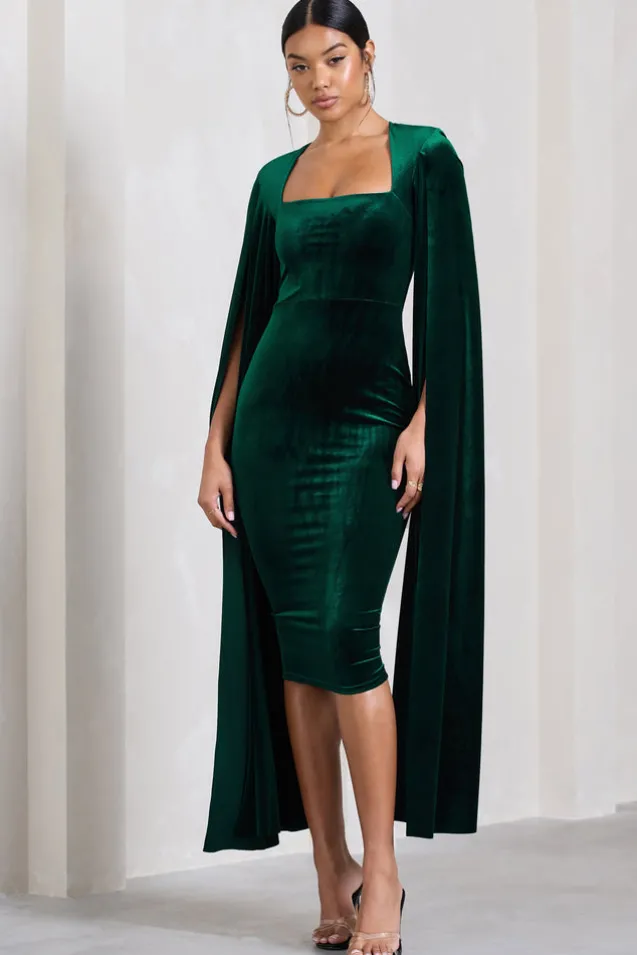 Flawless | Bottle Green Velvet Square Neck Midi Dress With Cape Sleeves