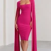 Flawless | Hot Pink Square Neck Midi Dress With Cape Sleeves