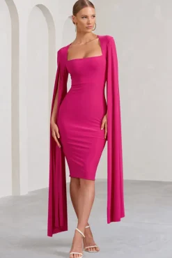 Flawless | Hot Pink Square Neck Midi Dress With Cape Sleeves
