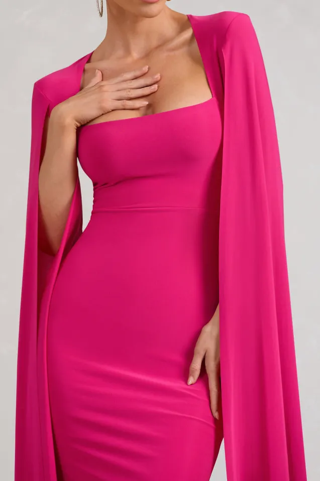 Flawless | Hot Pink Square Neck Midi Dress With Cape Sleeves