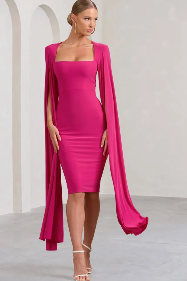 Flawless | Hot Pink Square Neck Midi Dress With Cape Sleeves